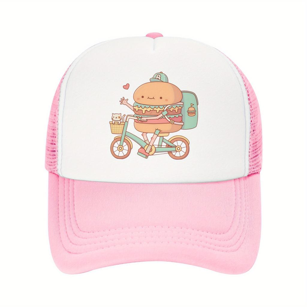 Burger Delivery Biker Trucker Hat Funny Food Print Mesh Back Adjustable Cap for Unisex Casual Outdoor