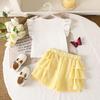 Girls' Fashion Set - Summer Children's Sweetly Decorated Bow-Tie Short-Sleeved Striped Flared Shorts Set