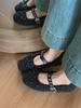 Bow-tie fluffy shoes women's winter gentle one-word belt inner height increase Mary Jane shoes plush warm thick-soled flat-soled single shoes
