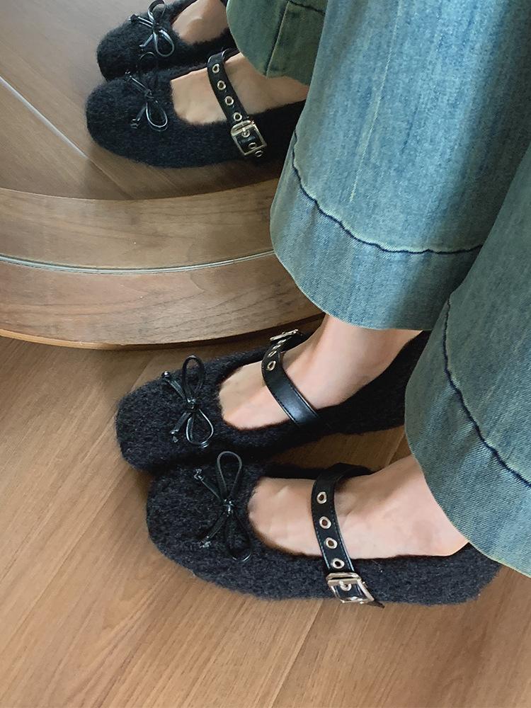 Bow-tie fluffy shoes women's winter gentle one-word belt inner height increase Mary Jane shoes plush warm thick-soled flat-soled single shoes