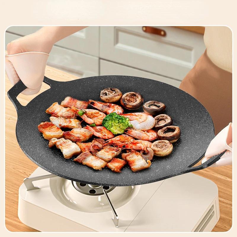 Grilling Pan Non-stick Thick Cast Iron Frying Pan Flat Pancake Griddle Stone Cooker BBQ Grill Induction Cooking Pot for Outdoor