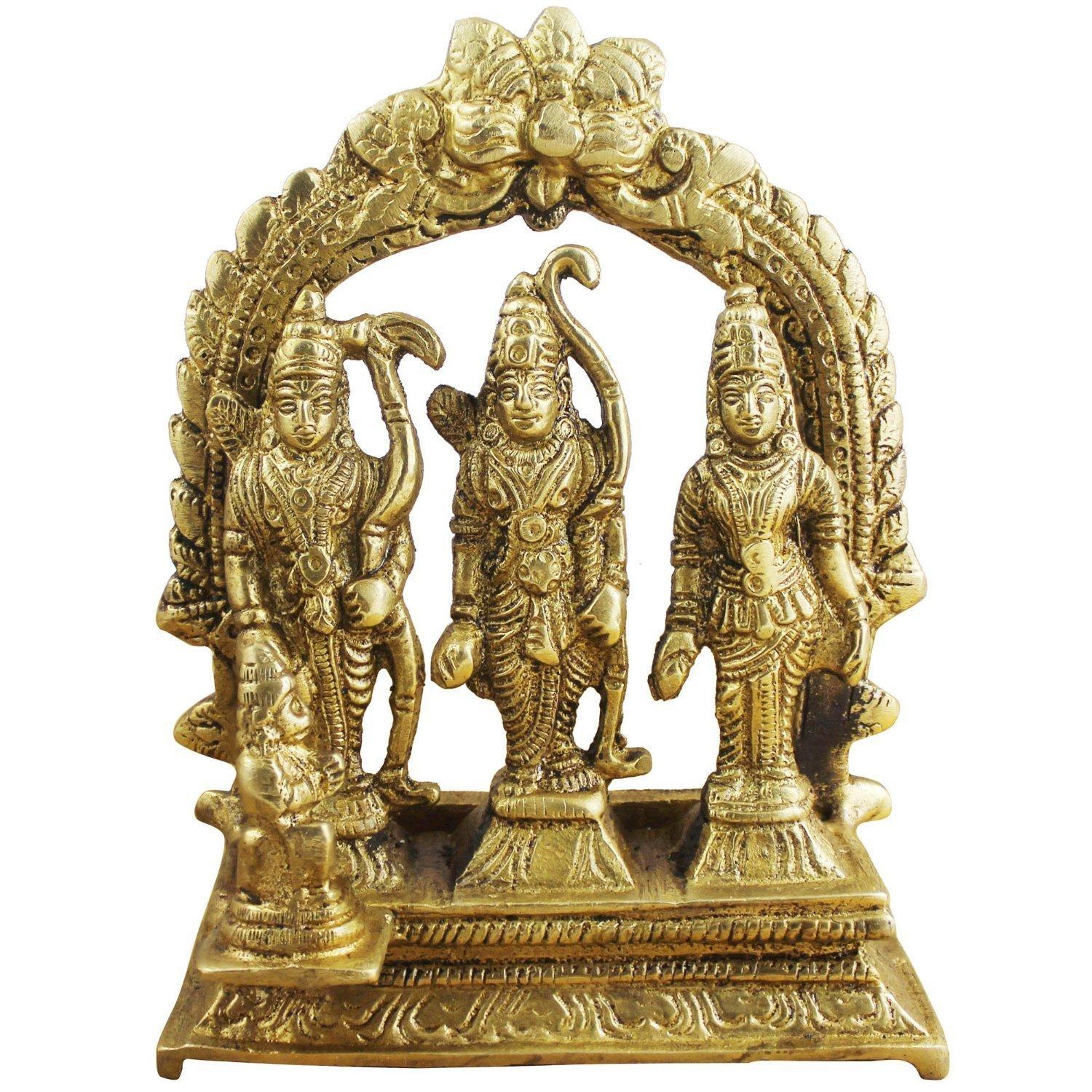 Pure Brass Ram Darbar Idol Lord Rama Laxman & Sita Religious Statue - 4.6 Inch