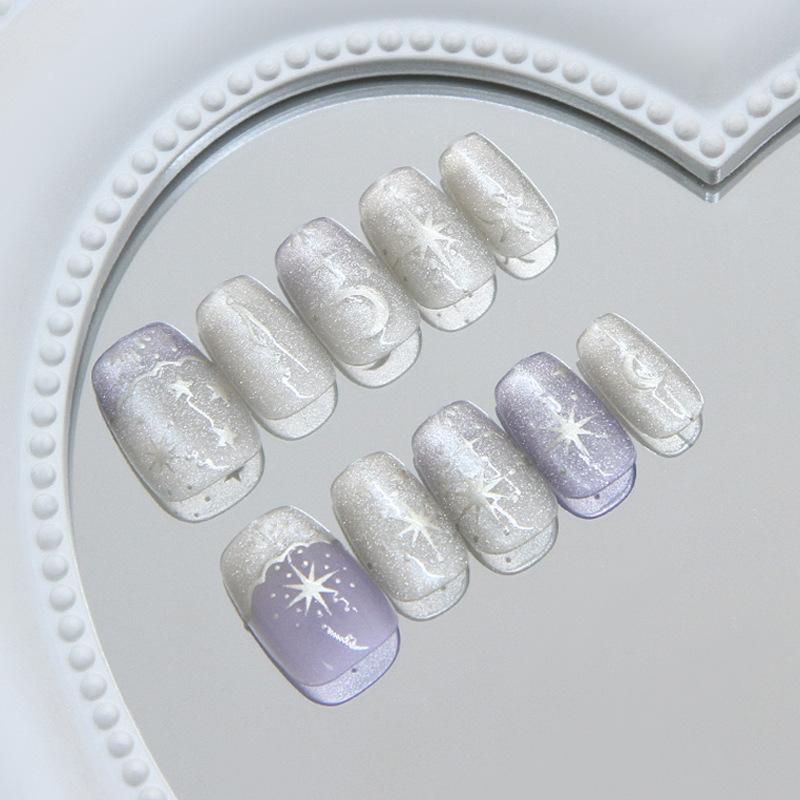 Three-dimensional cat's eye ripple French dream purple night star and moon temperament white, wind removable manicure tablets 30 pieces