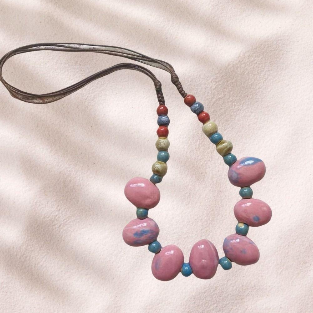 Exaggerate Colored Beads Necklace Simple Bohemia Ceramic Necklace Ceramics Beaded Necklace  Women