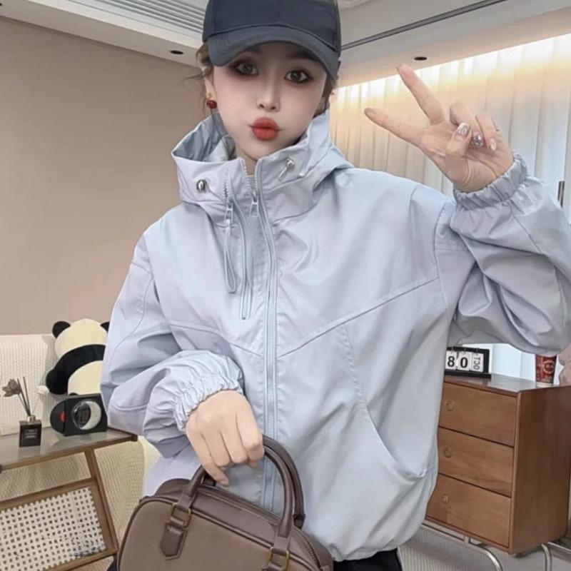 Jaqueta Corta-vento Curta com Zíper da Moda com Capuz Jaquetas Versáteis para Exterior para Todas as Estações