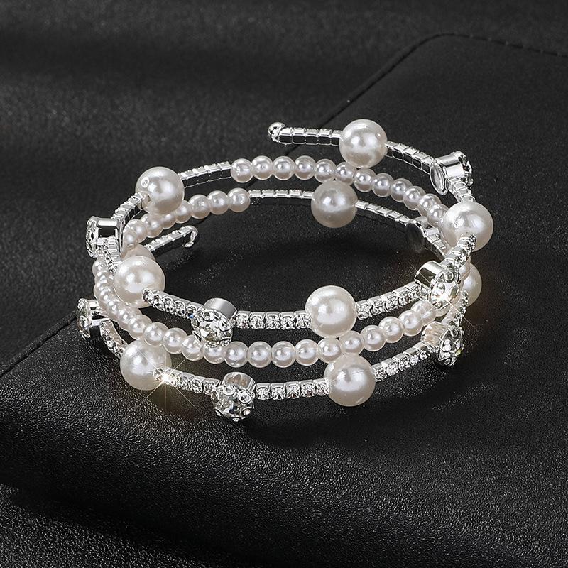 Multilayer Wrapped Elastic Bracelet 3 Rows Rhinestone Pearl Bracelet Bride Full Diamond Bracelet Women