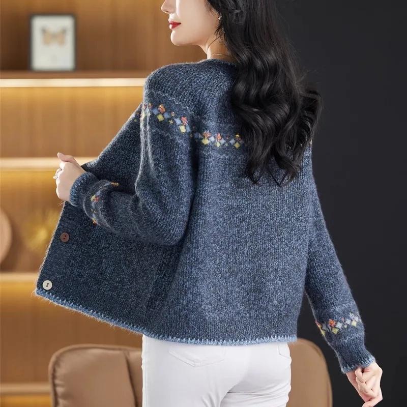 Sweater Coat Ladies Retro Jacquard Knitwear Cardigan Jacket Early Spring Autumn Western-Style Outerwear Loose Women Top
