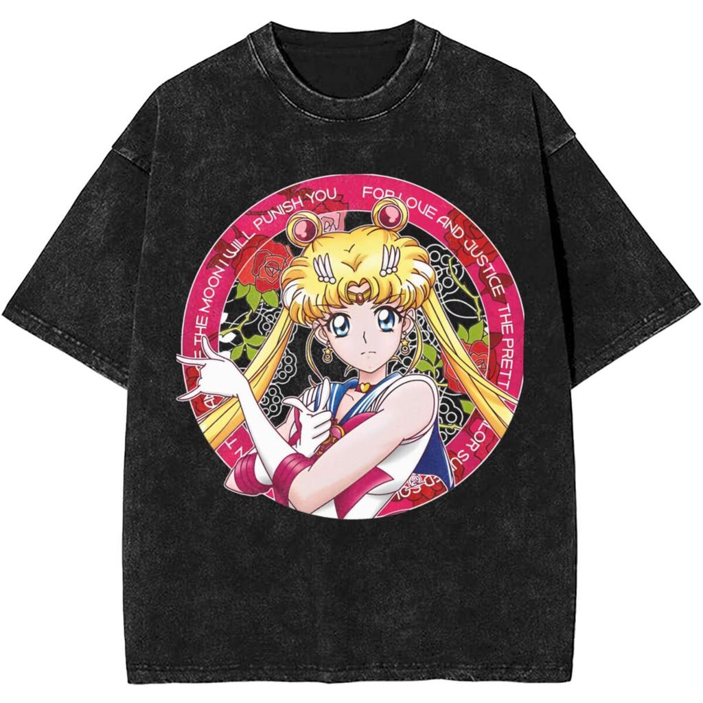 Sailor Moons Vintage Vasket T-skjorte Menn Kvinner 100% Bomull Casual T-skjorte O-hals Anime Tees Kortermet Klær Pluss Størrelse