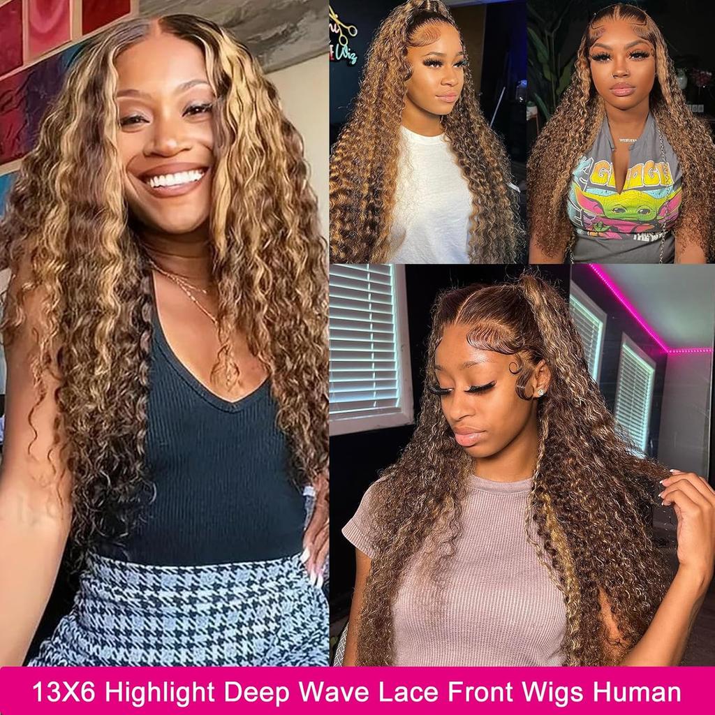 30 Inch Highlight Ombre Lace Front Wig Blonde Curly 13x6 HD Honey Blonde 4/27 Deep Wave Lace Front Wigs Plucked with Baby Hair