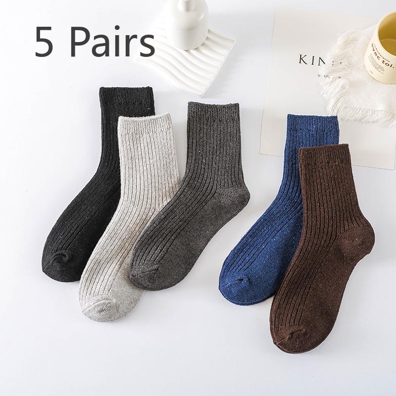 

5 пар мужских осенне-зимних новых деловых однотонных носков средней длины в вертикальную полоску из кроличьей шерсти двойной вязки 5 Pairs