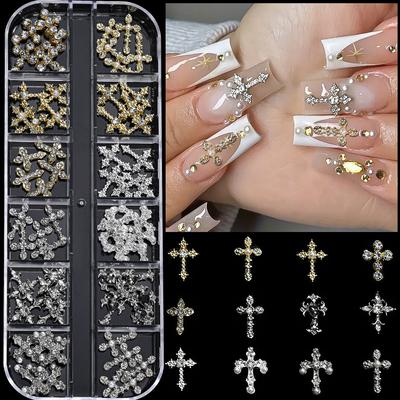 12 Griglie/Scatola Stile Misto Croce Y2K Strass per Nail Art 3D, Croce in Lega Punk Gotica Decorazione per Unghie, Decorazione Mista per Nail Art 3D per Forniture per Manicure