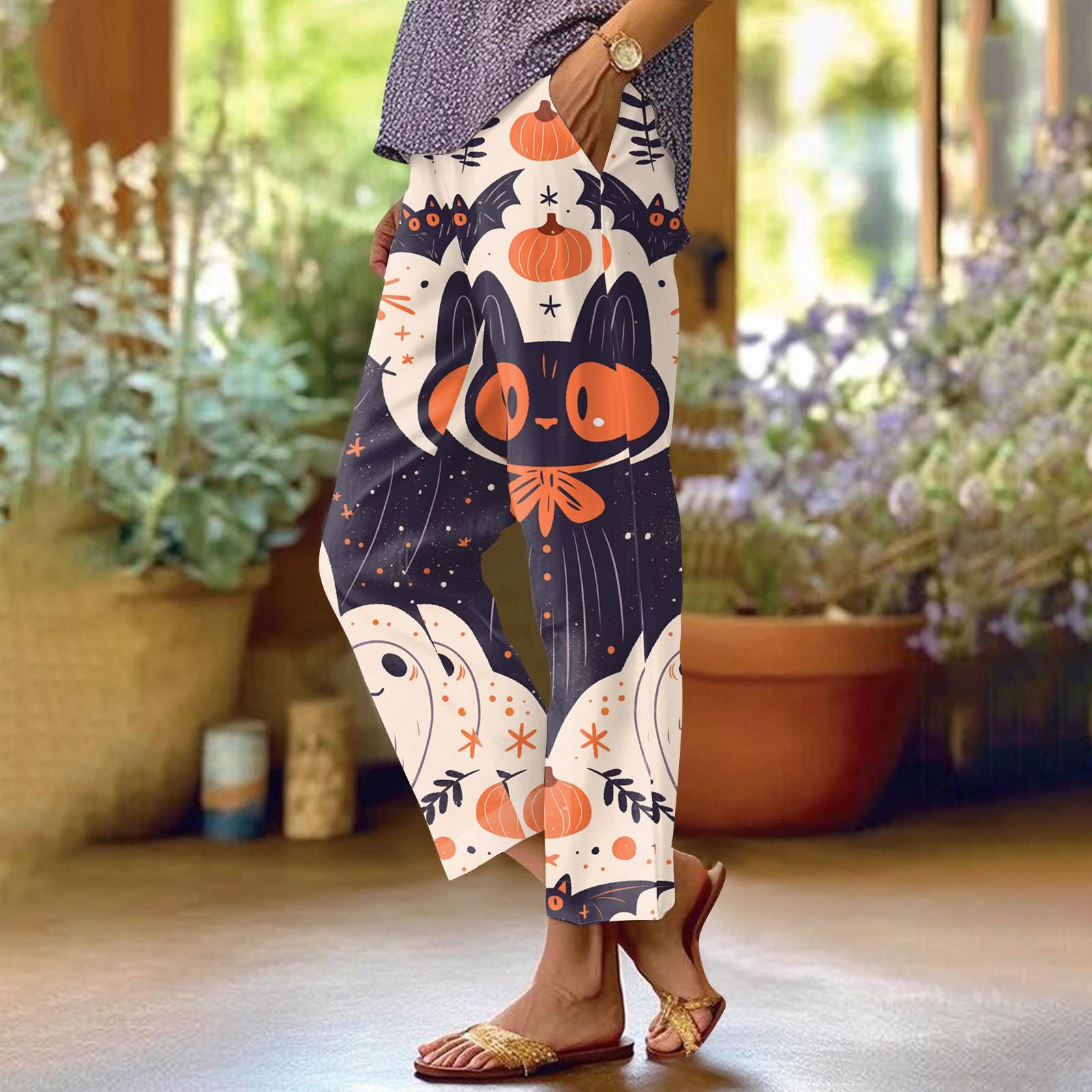 

Женская мода Хэллоуин принтованный карман эластичный пояс повседневные брюки повседневные свободные брюки XXXXXL бежевый