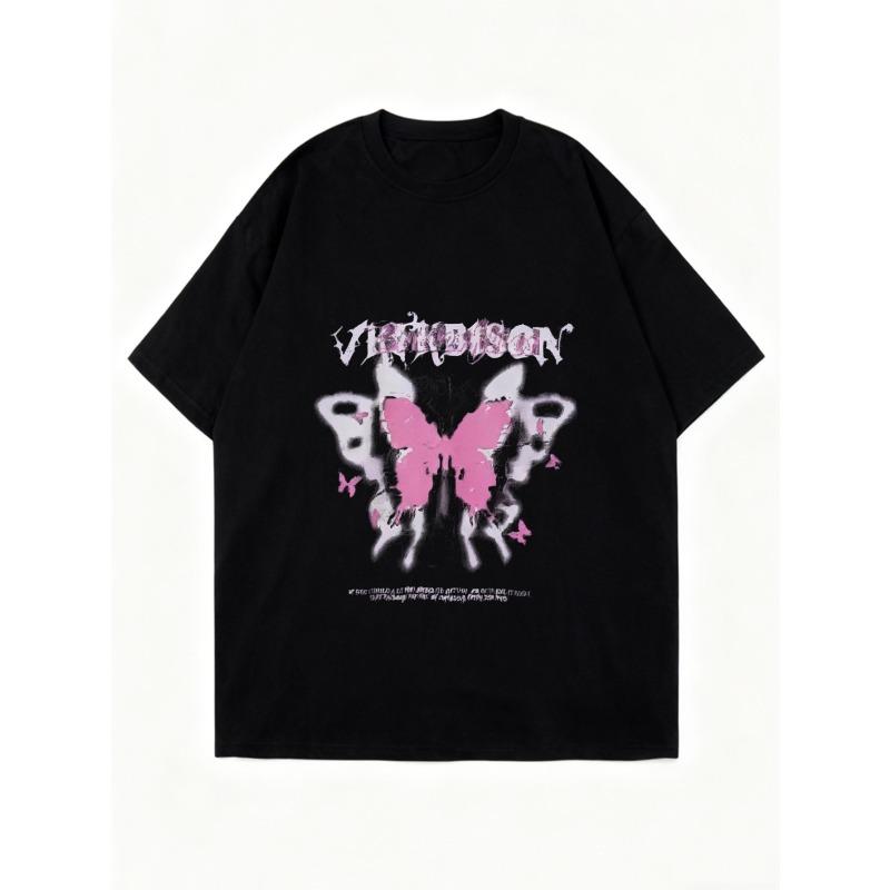 Oversized T-Shirt Black Butterfly Print with VIKABISON Text Casual Streetwear Fashion Top for Women