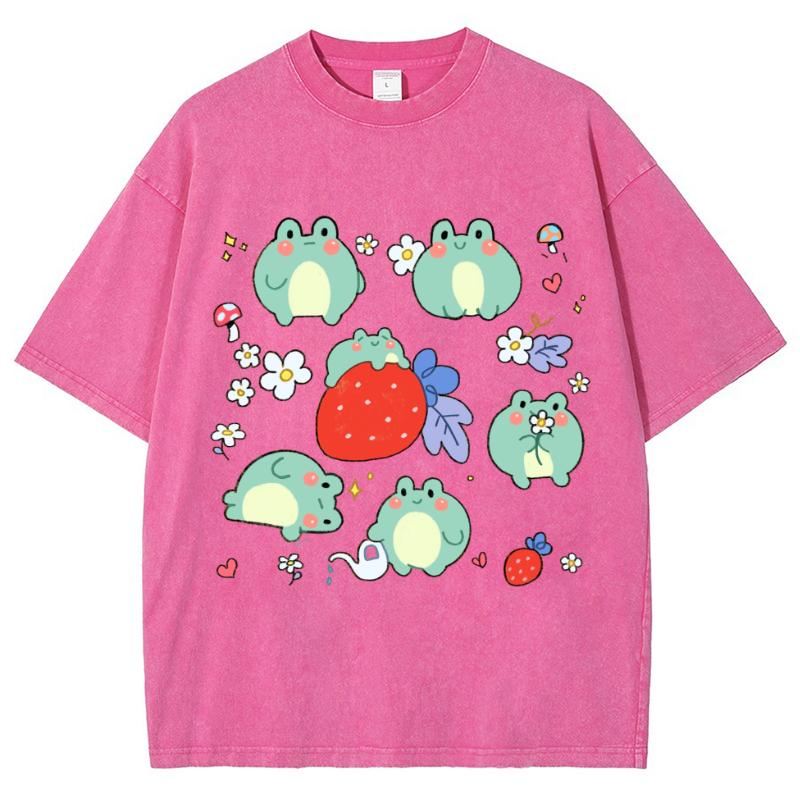 Women's Cartoon Cute Little Frog Strawberry Print T-Shirt,  Luxury Design, Short Sleeve, Washed Retro Style Top