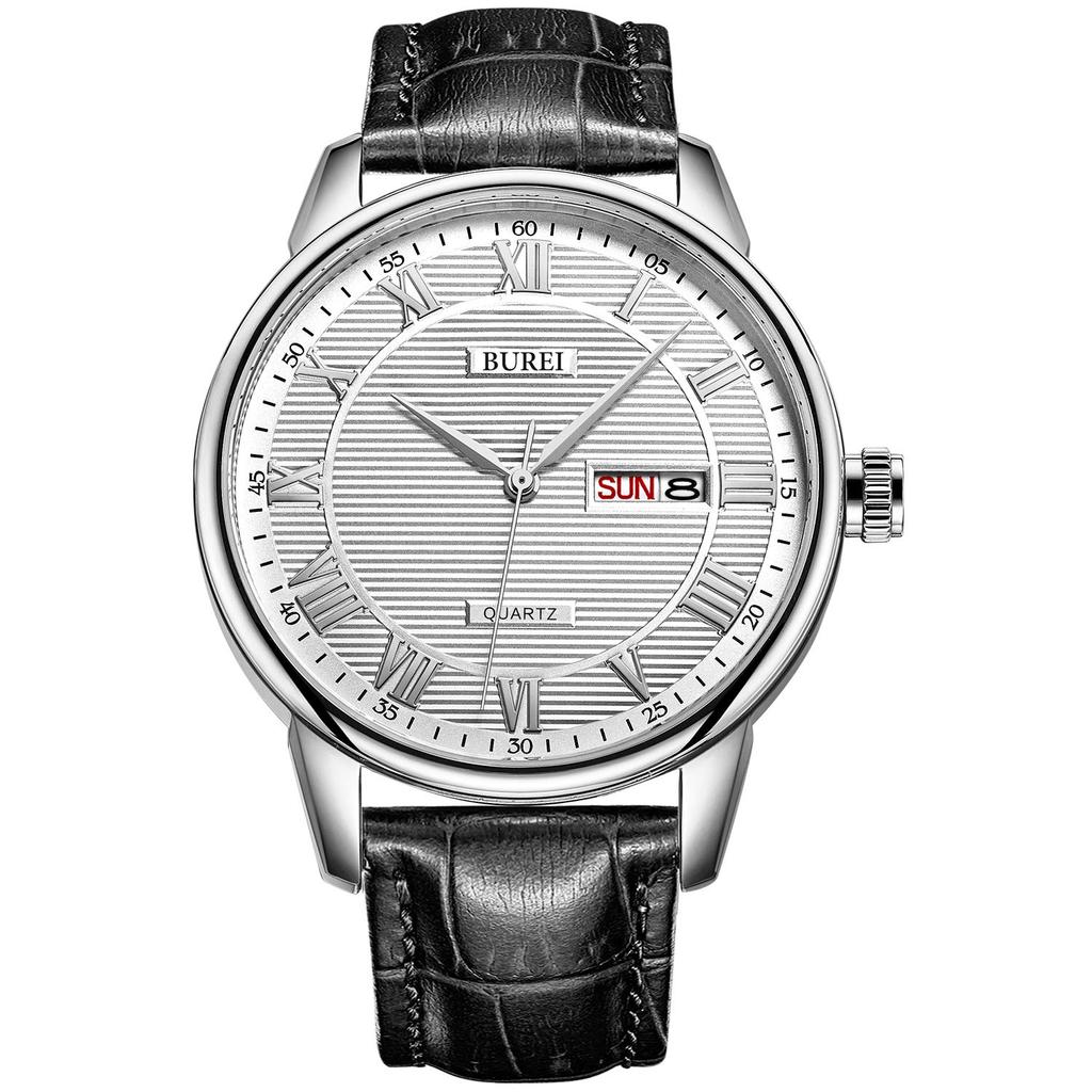 BUREI Men's Leather Watch, Popular Brand, Analog, Roman Numeral, Simple Design, Waterproof, Stylish, Commuter, Business, Silver White