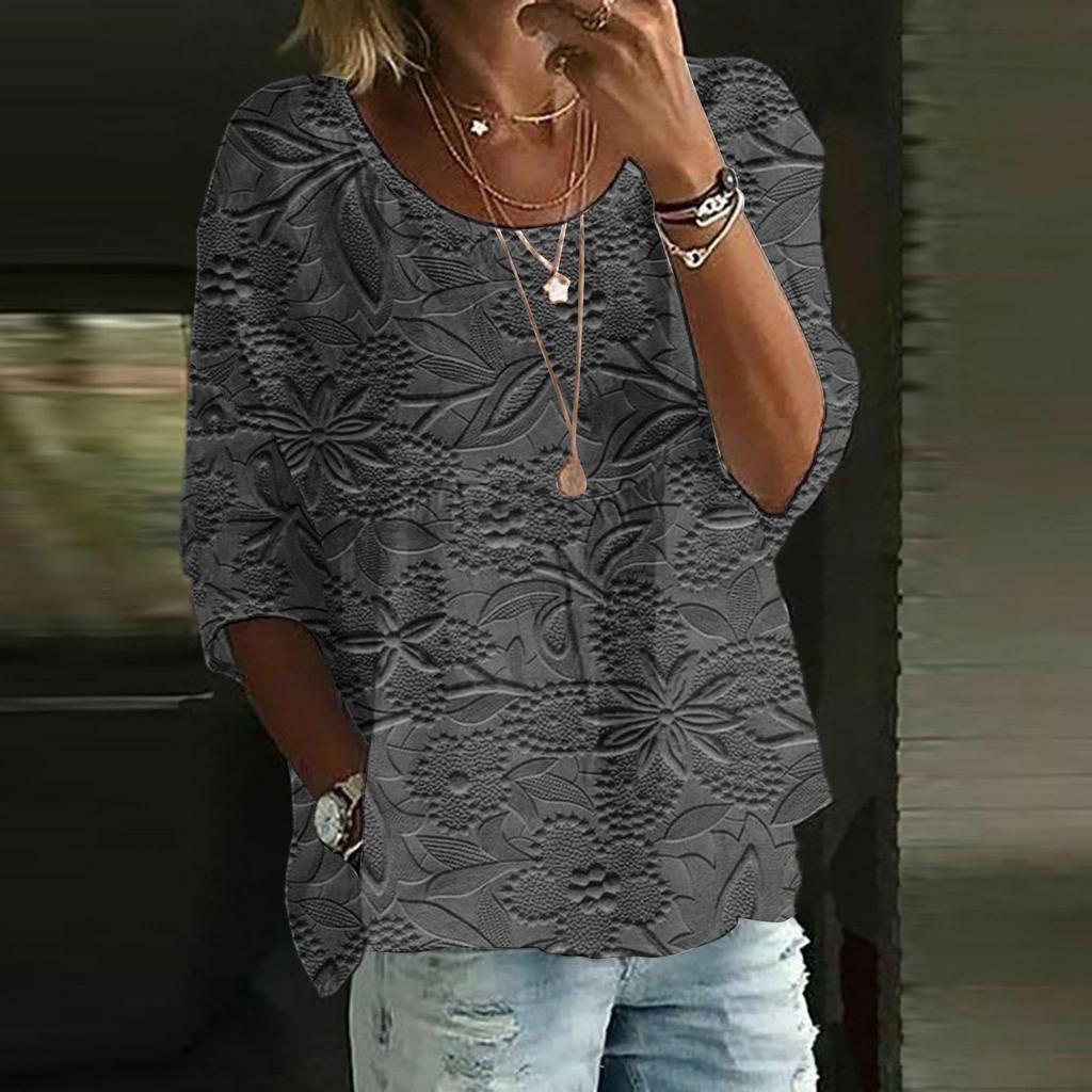Women's Casual Fashion Three-quarter Sleeve Loose Round Neck Floral Print Top