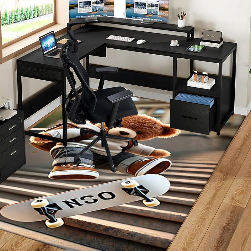 1pc Teddy Bear Skateboarding Chair Mat - Anime Cartoon Design Office Rug for Desk, Home Decor, Living Room, Bedroom, Game Room & Dormitory Carpet, Fes