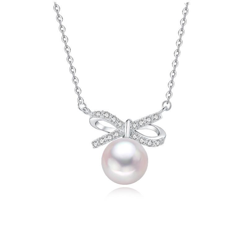Stylish S925 Sterling Silver Bow Necklace with Freshwater Pearl – Fresh, Versatile Clavicle Chain for Women.