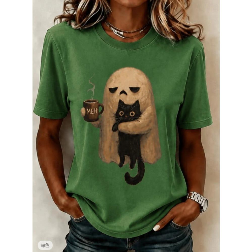 Fashion Women Retro Creative Ghost Print T Shirt Funny Casual O-neck Short Sleeves T-shirt Summer Female Tee Shirt Halloween Limited Edition