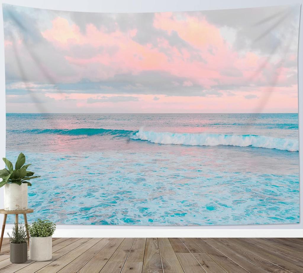 Pink Sky Tapestry, Teal Sea Ocean with Pink Cloud Wall Tapestry for Bedroom, Pastel Nature Landscape Wall Hanging Tapestry Wall