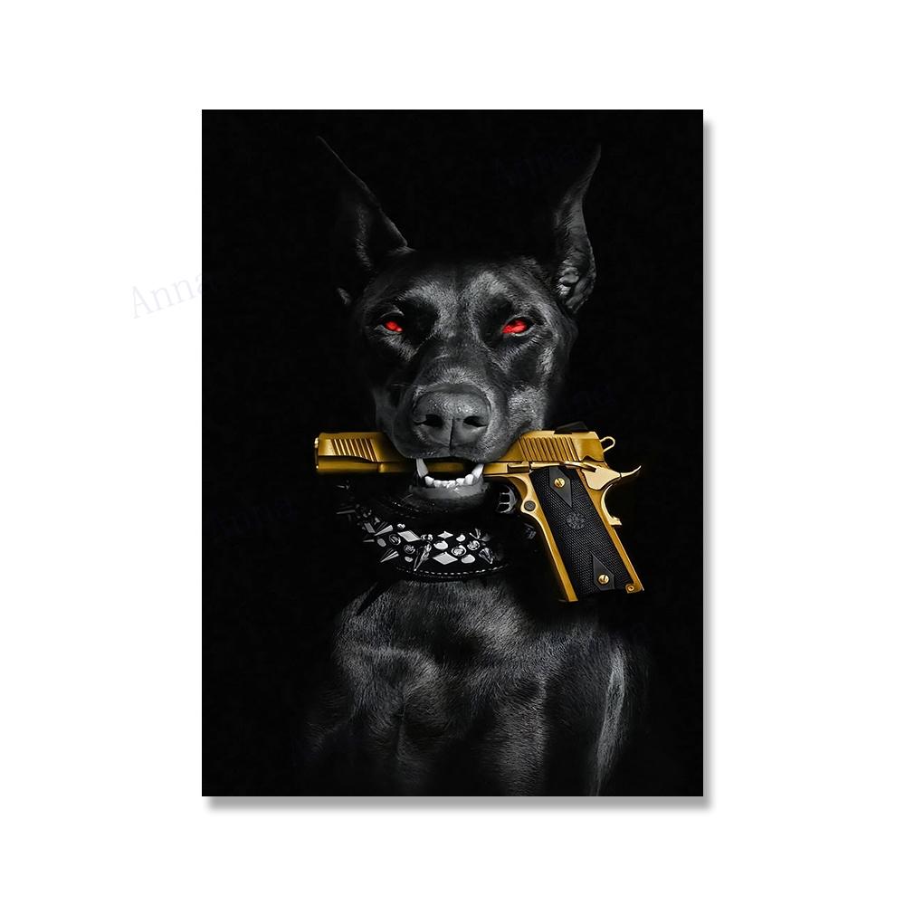 Poster Moda Doberman Pinscher Cane con Stampa Pistola Rossa Arte da Parete Motivazionale Successo Pittura su Tela Arte da Parete per Ufficio Pittura