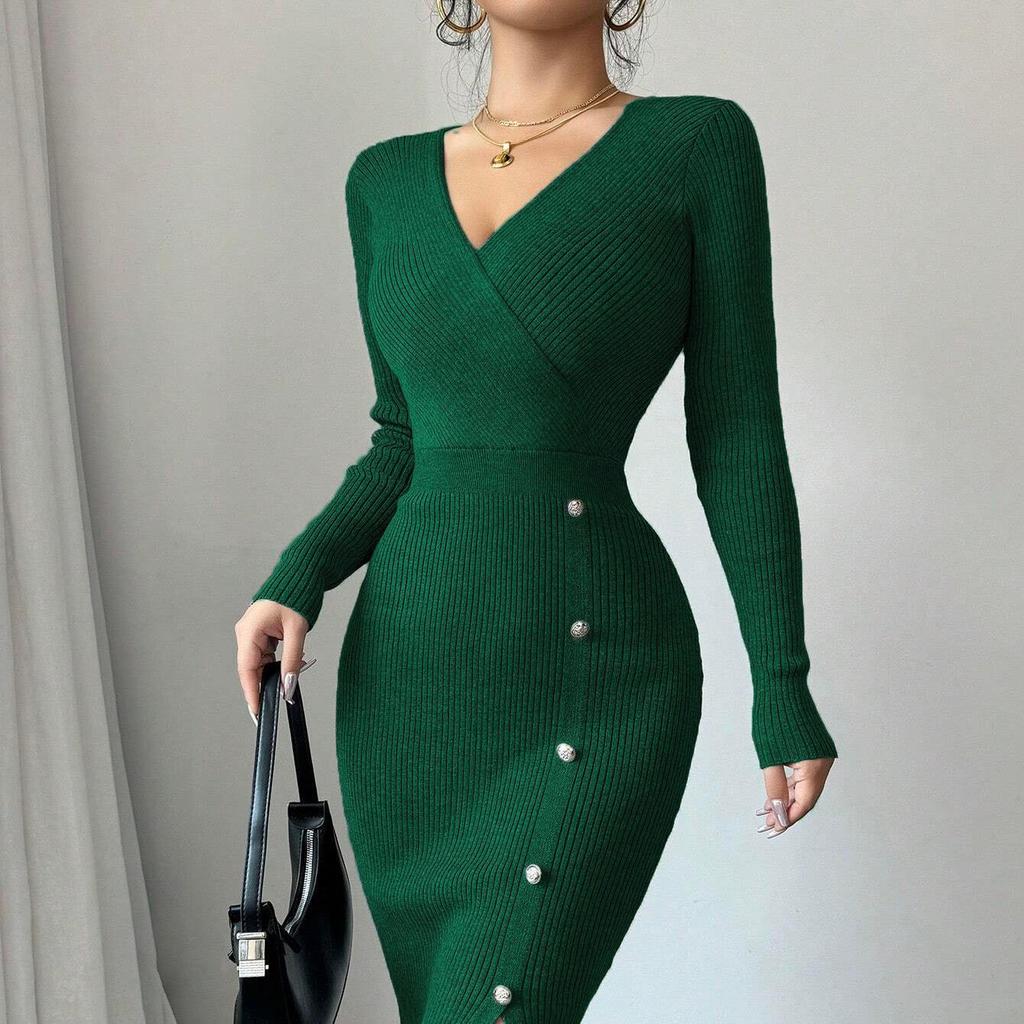 French Style Knitted Bodycon Dress Long Sleeve Slim Fit For Winter Autumn