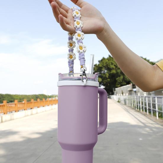 Water Bottle Handle Strap Handmade Flower 16-40oz Tumbler Silicone Safety Ring Cotton Rope Flower Sling Holder Carrier Lanyard Cup Accessories
