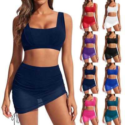 Womens Mesh Mini Skirt Two Piece Outfit Ruched Sheer Skirt And Crop Tank Top Set Summer Beachwear Y2K Style