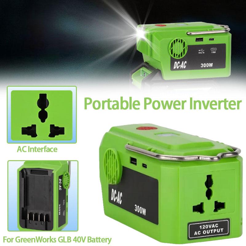 300W Multifunctional Inverter For GreenWorks GLB 40V Battery Power Inverter Adapter 120V/220-230V Power Bank With LED Light