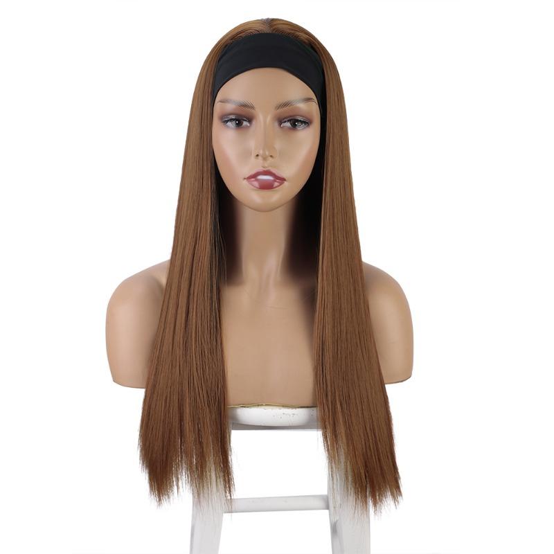 Meier Women's headscarf wig black ice silk headband long straight hair wig headwear