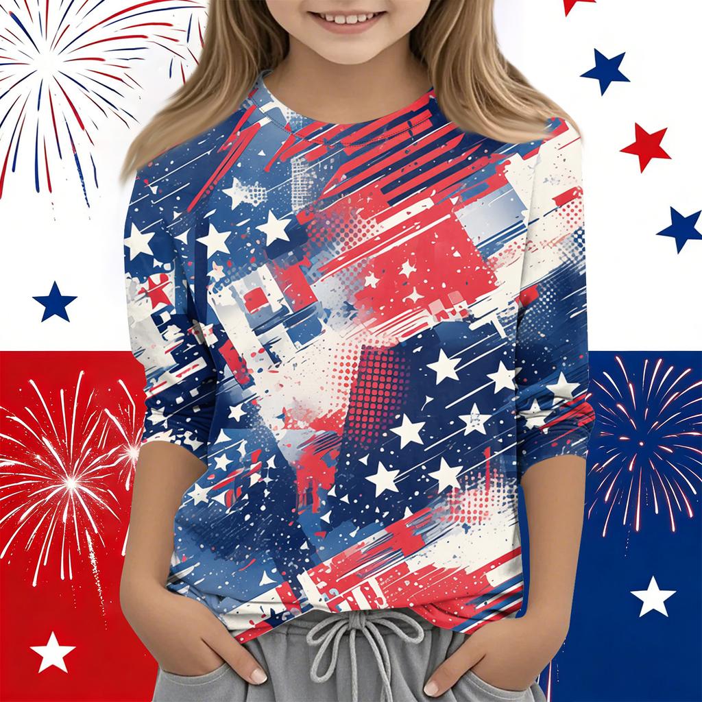 Print Tops For Youth Girls Round Neck 3/4 Sleeves T-Shirts Trendy Tops Outfit Tees Independence Day