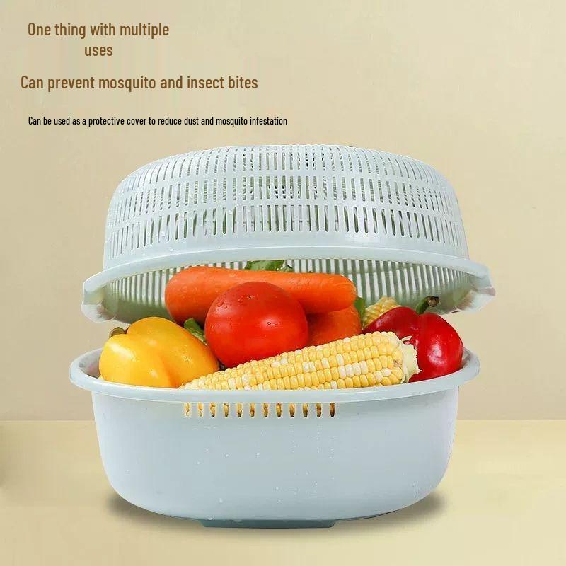 Double-Layer Plastic Vegetable and Fruit Washing Basket with Drainage