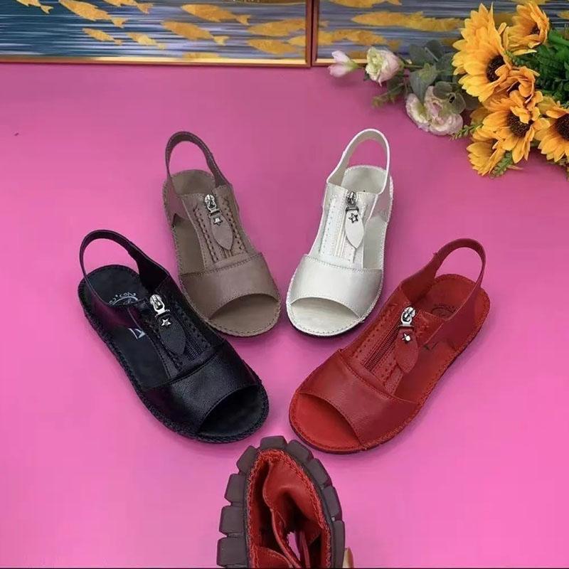 WTEMPO Soft Leather Sandals Women's Soft Sole Versatile Casual Zipper Solid Color Comfortable Flat Heel Fish Mouth Single Shoes Dropshipping Wholesale