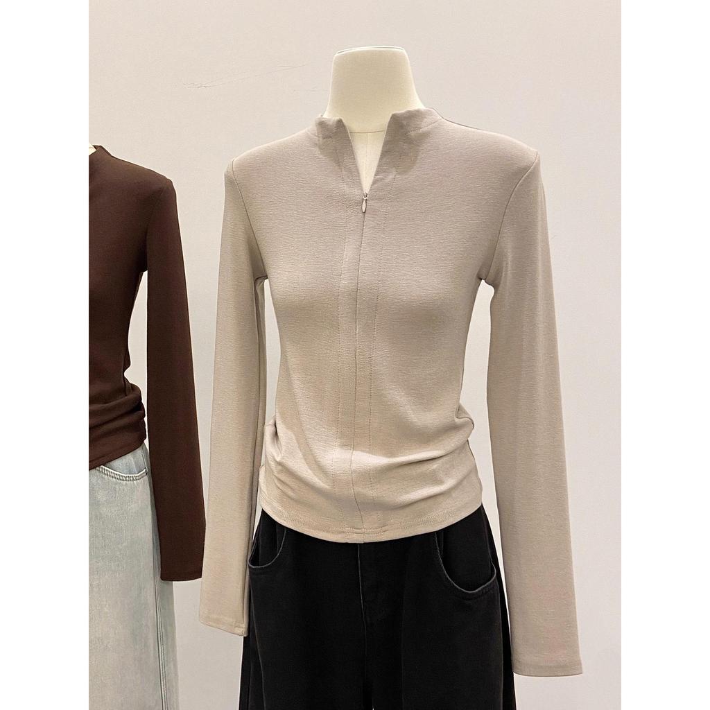 Women's Elegant Stand-Up Collar Spicy Girl Half-Zip Brushed Warm Long Sleeve Top for Autumn/Winter