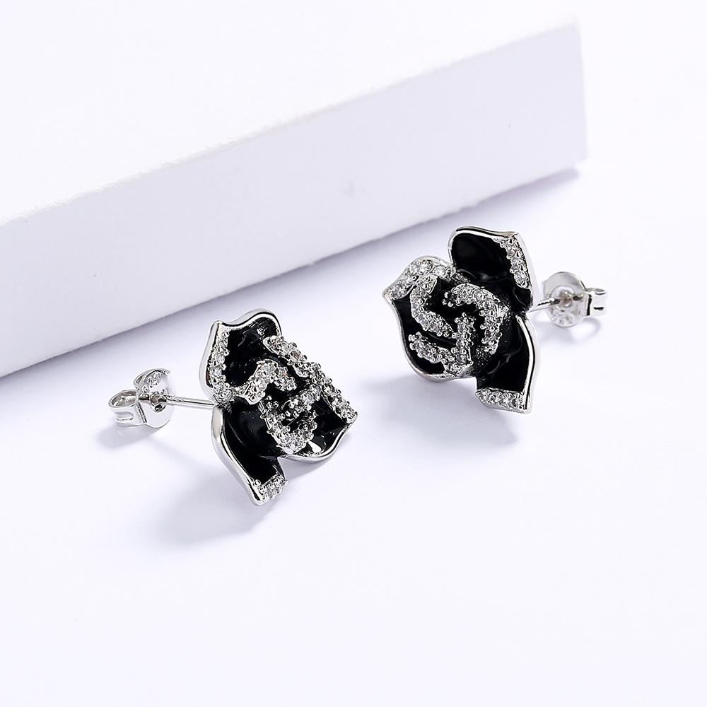 Newest Jewelry Enamel Drip Oil Color Black Color Flower Earring  Silver Birthday Party Simple Jewelry Gift For Ladies