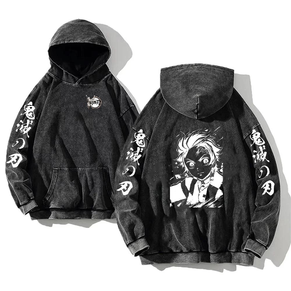 

Japan Anime Demon Slayer Tanjirou Printing Hooded Men Women Cotton Hoodies Vintage Washed Streetwear Harajuku Male Sweatshirt S чёрный