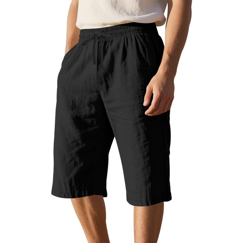 Summer Men's Loose Simple Solid Color Casual Linen Breathable Sports Beach 7-point Shorts