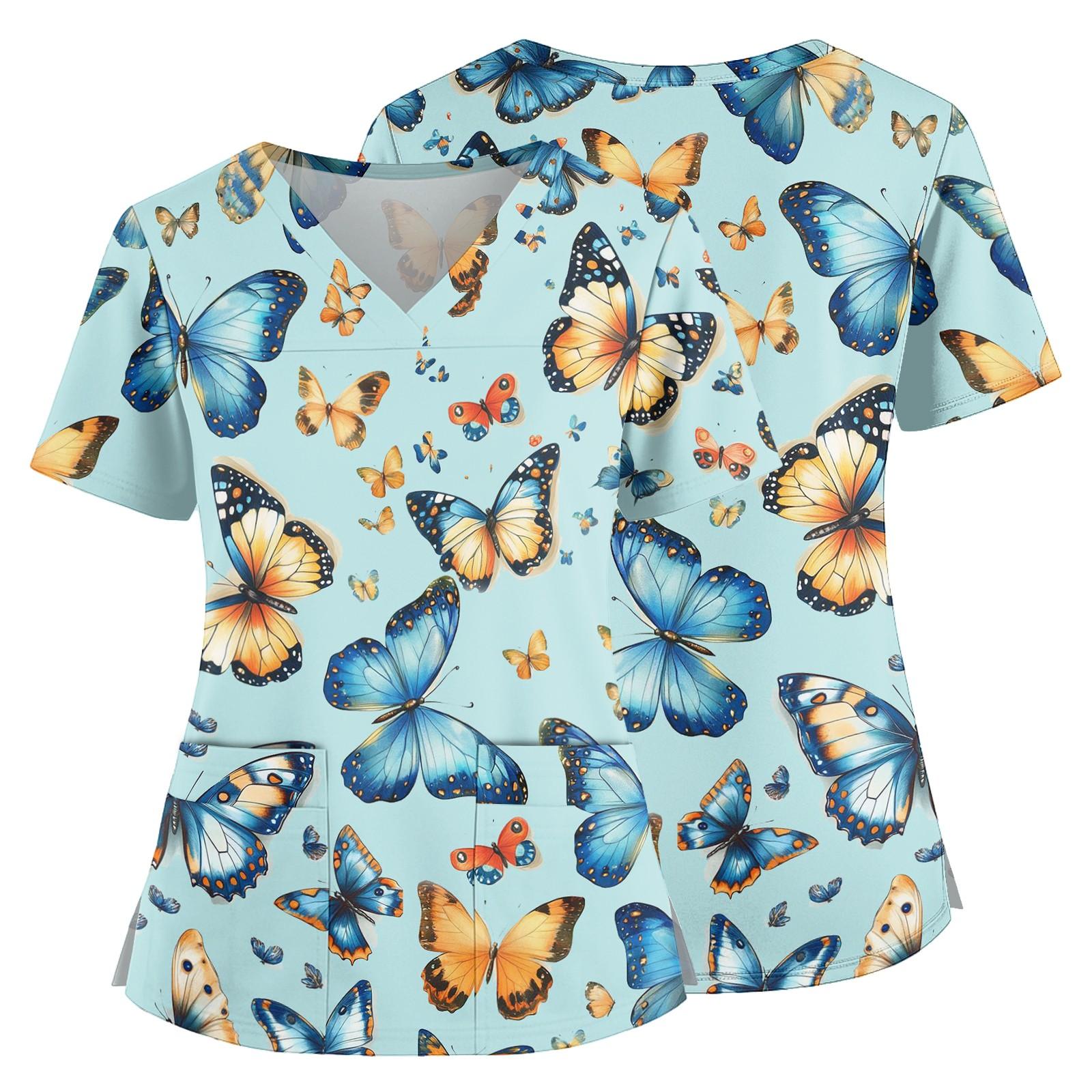 

Floral Print V Neck Medical Scrub Top with Pockets Side Slits Short Sleeve Nurse Uniform Shirt for Women Comfortable Fit XXL