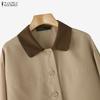 ZANZEA Women Splice Turn Down Collar Loose Long Sleeve Blouse