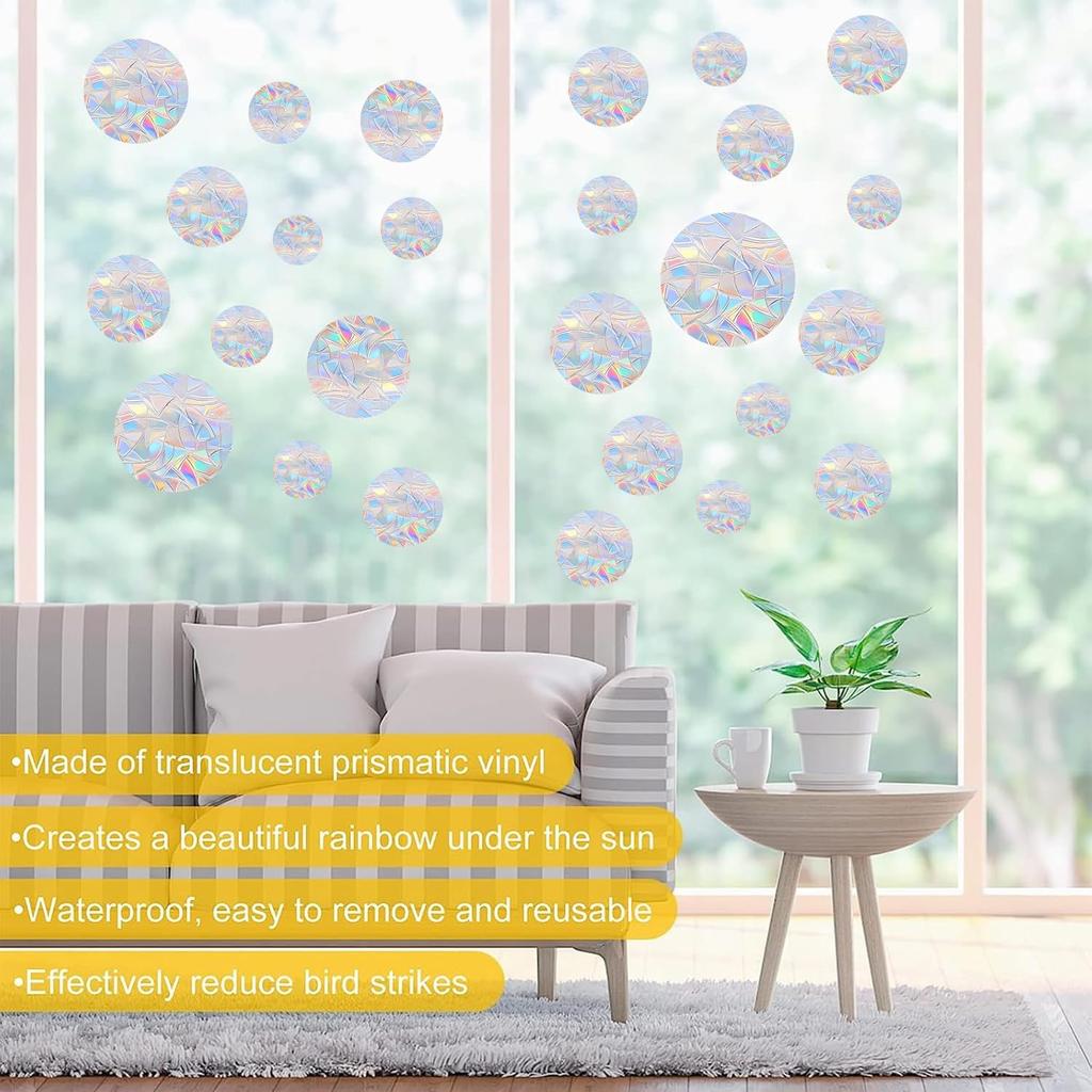 36PCS Circle Window Clings - Anti-Collision Window Decals To Save Birds from Window Collisions,Non Adhesive Prismatic Vinyl Window Clings, Rainbow