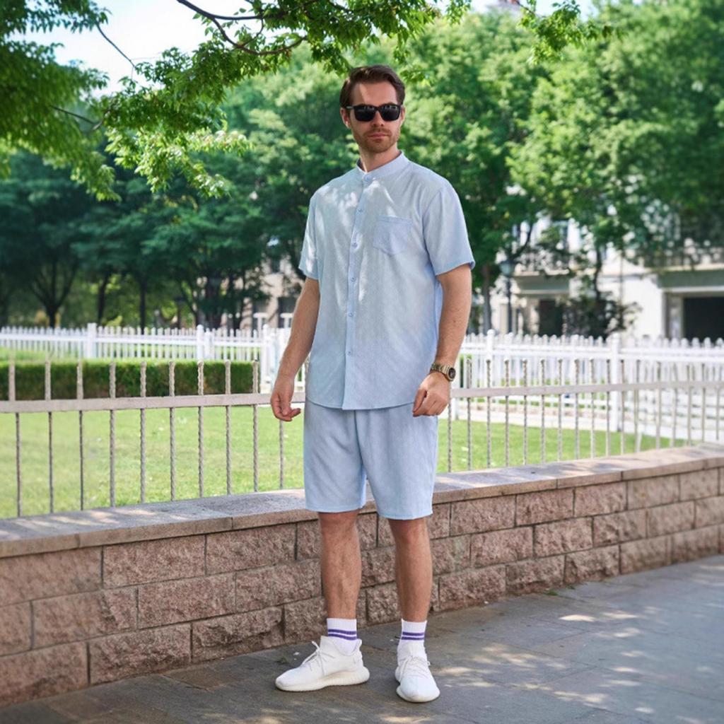 Stand-up Collar Button Short-sleeved T-shirt, Shirt And Shorts Set