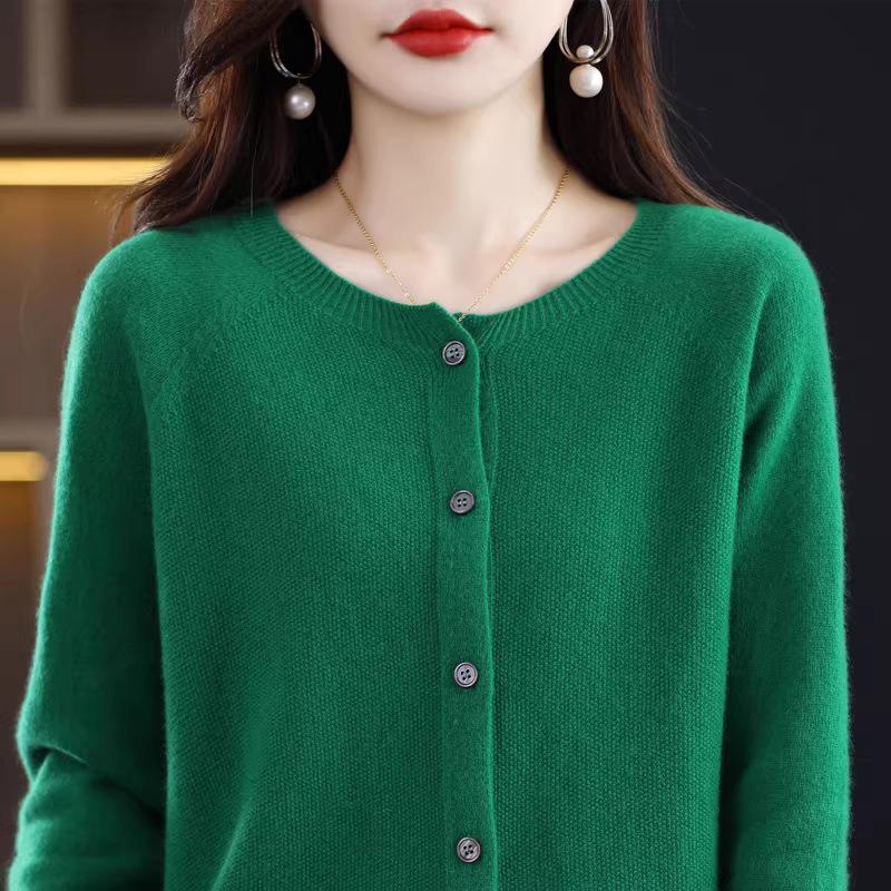 Women's 100% Pure Wool Round Neck Cardigan - Loose, Fashionable, Versatile Spring Knit Sweater.