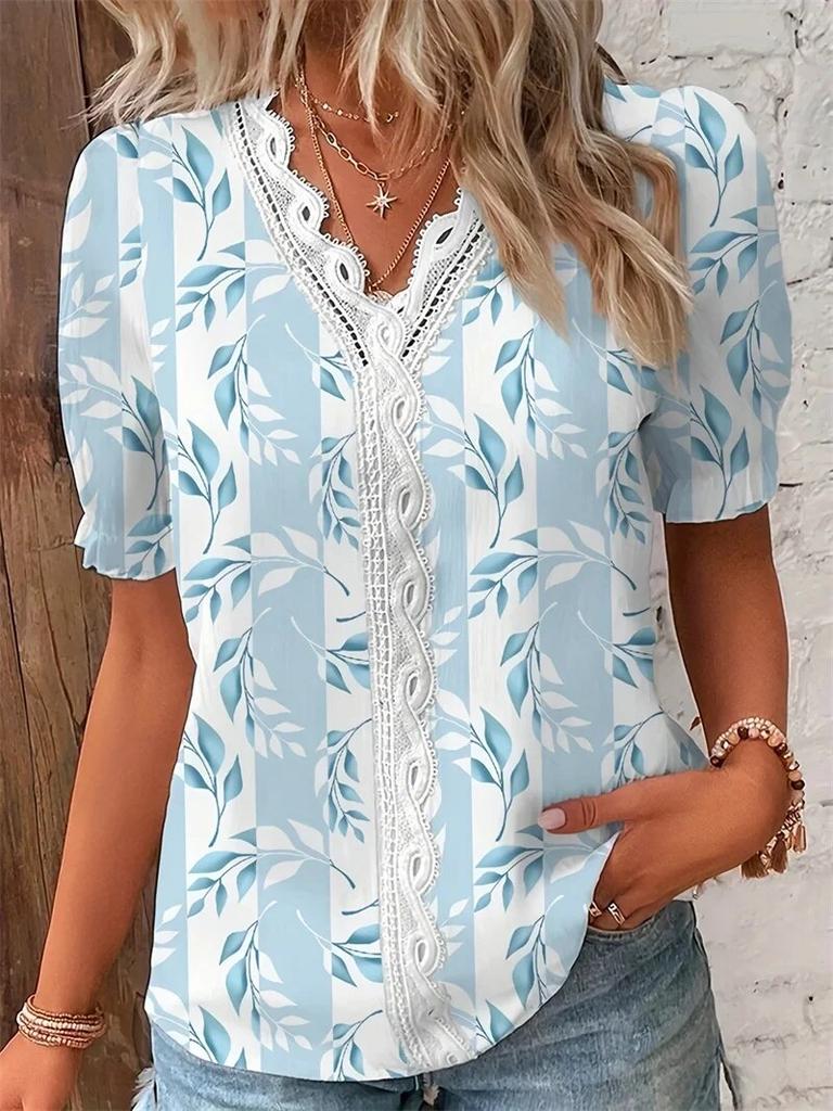 Damen V-Ausschnitt Splice Spitzendekoration Pullover Shirt Elegante Botanische Blumen Drucke Weibliche Bluse Sommer Casual Kurzarm Top