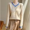 100% Pure Wool V-Neck Striped Long Sleeve Loose Casual Slimming Pullover