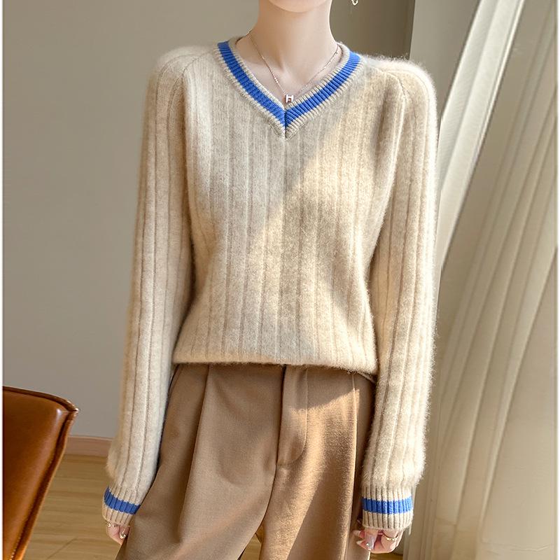 100% Pure Wool V-Neck Striped Long Sleeve Loose Casual Slimming Pullover