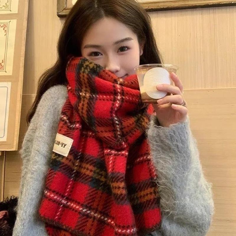New Christmas Red Scarf Women's Winter New Hemming Plaid Imitation Cashmere Atmosphere Shawl Thickened Scarf
