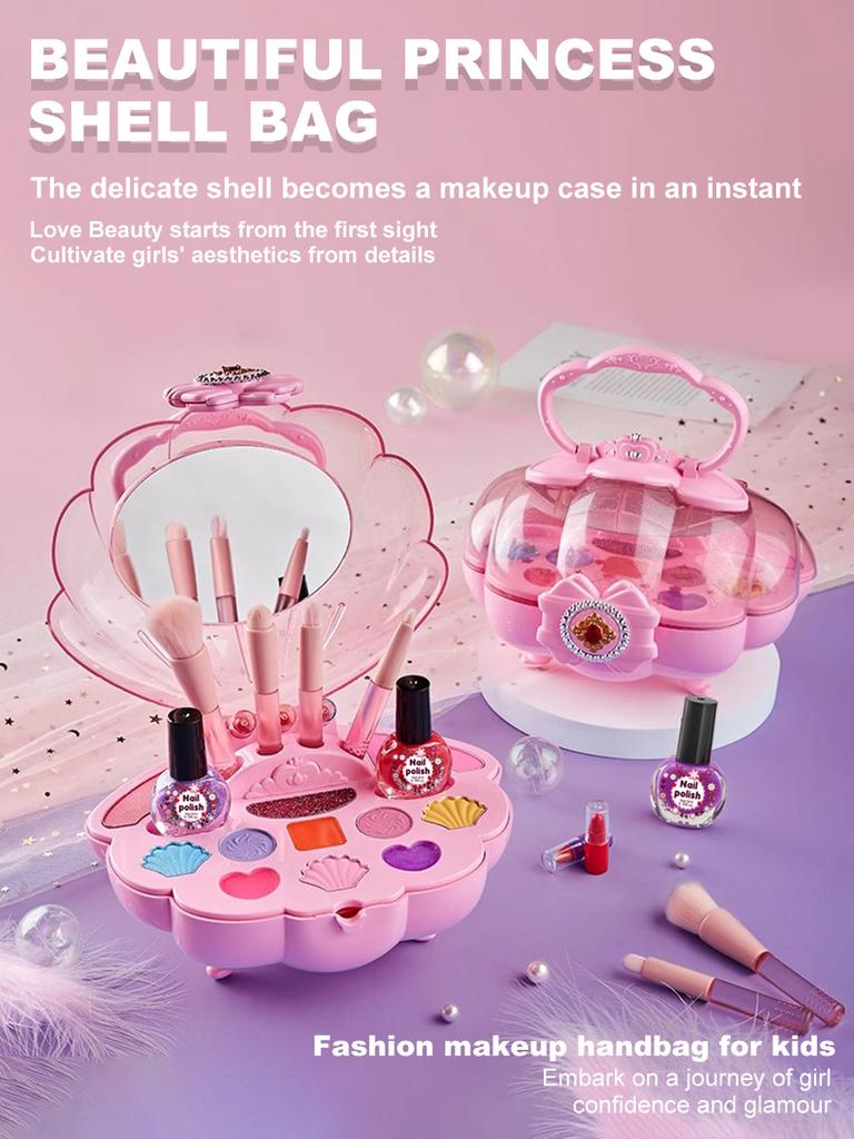 Shell Children'S Makeup Bag Girl, Princess Truly Washable Pretending To Play With Cosmetics Set Toys, Non Toxic And Safe
