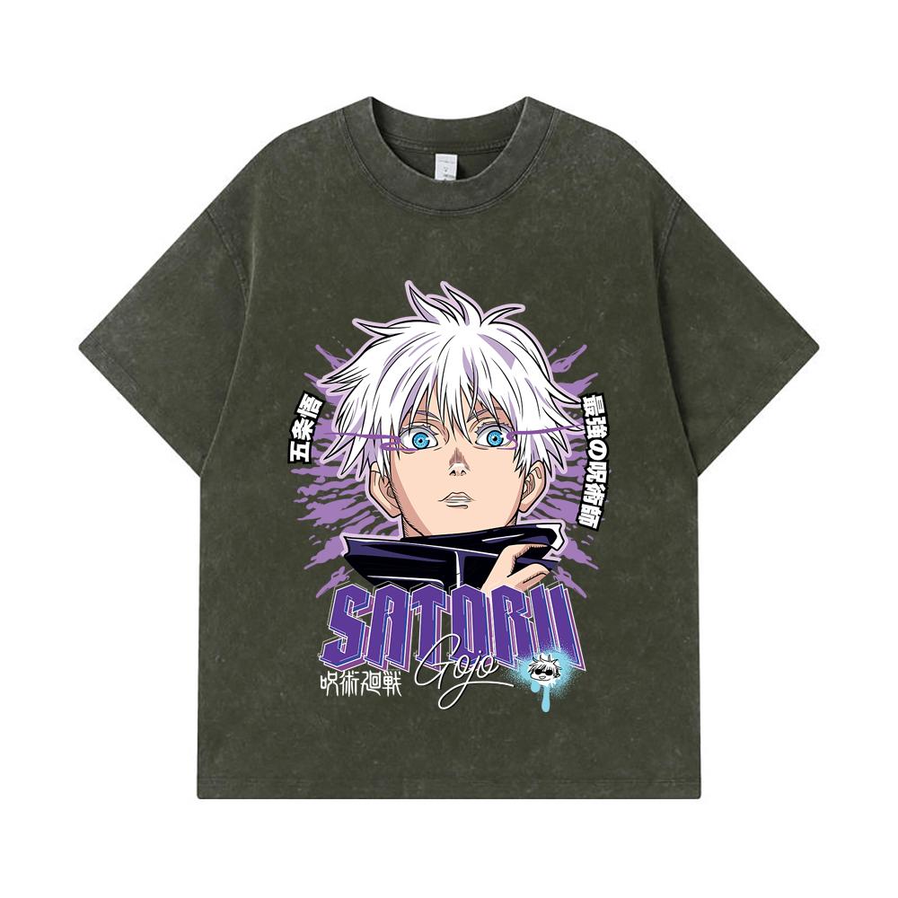 

275 GSM Washed T-shirts 100% Cotton Jujutsu Kaisen V27 Gojo Print Unisex Heavy Cotton T Shirt S армия зеленый