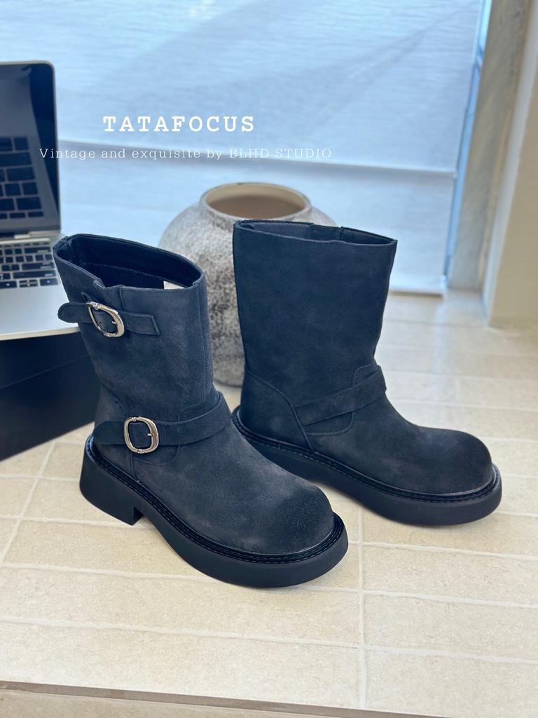 European Haute Couture Fashion Boots 2025 Retro Double Buckle Thick-soled Velvet Martin Boots Locomotive Knight Boots Casual Short Boots Women