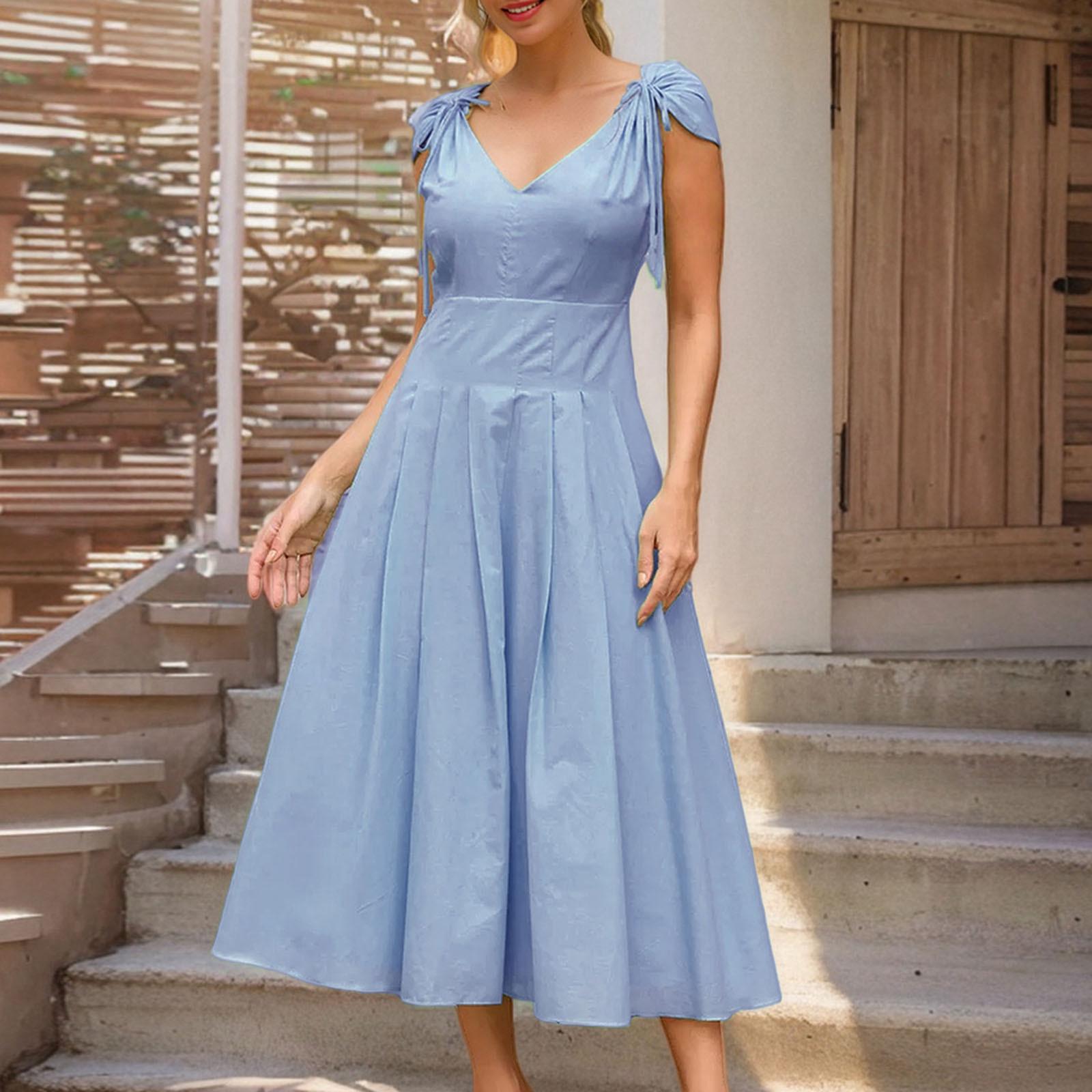 

Женская мода элегантный темперамент V-образный вырез галстук А-силуэт однотонные платья XL